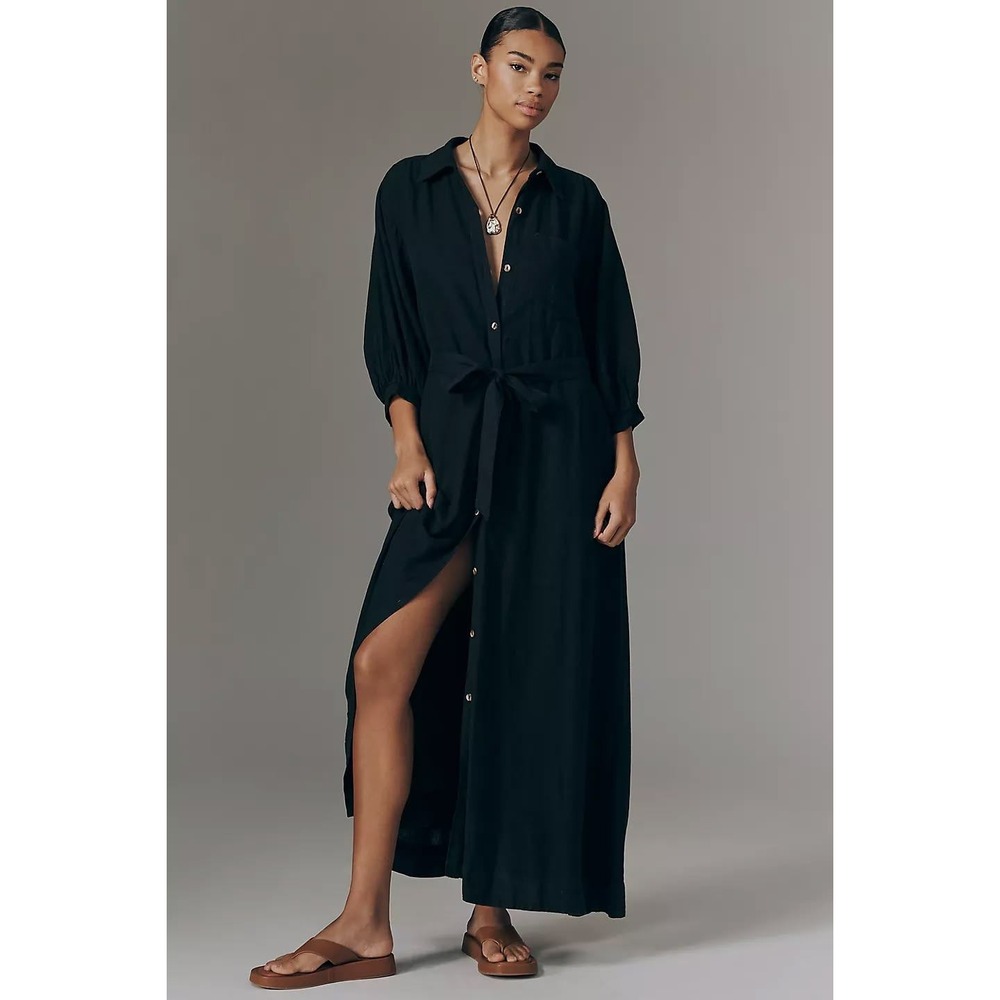 Anthropologie Maeve Mona Linen Shirt Dress L Maxi Puff Sleeve Resort Beach Black - Picture 1 of 12